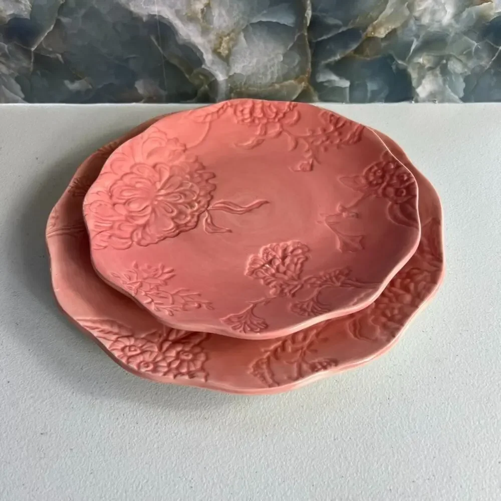 Edie Rose Home Plate Set of 2 Hydrangea Collection Coral Pink Lunch & Dinner